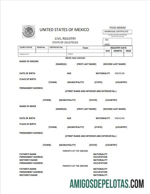 Registro Civil dos Estados Unidos do México da Certidão de Casamento de Zacatecas exemplo real